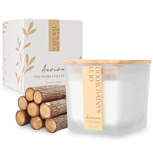 Front view of Aeviva Oud Sandalwood candle in a square jar with wooden wick