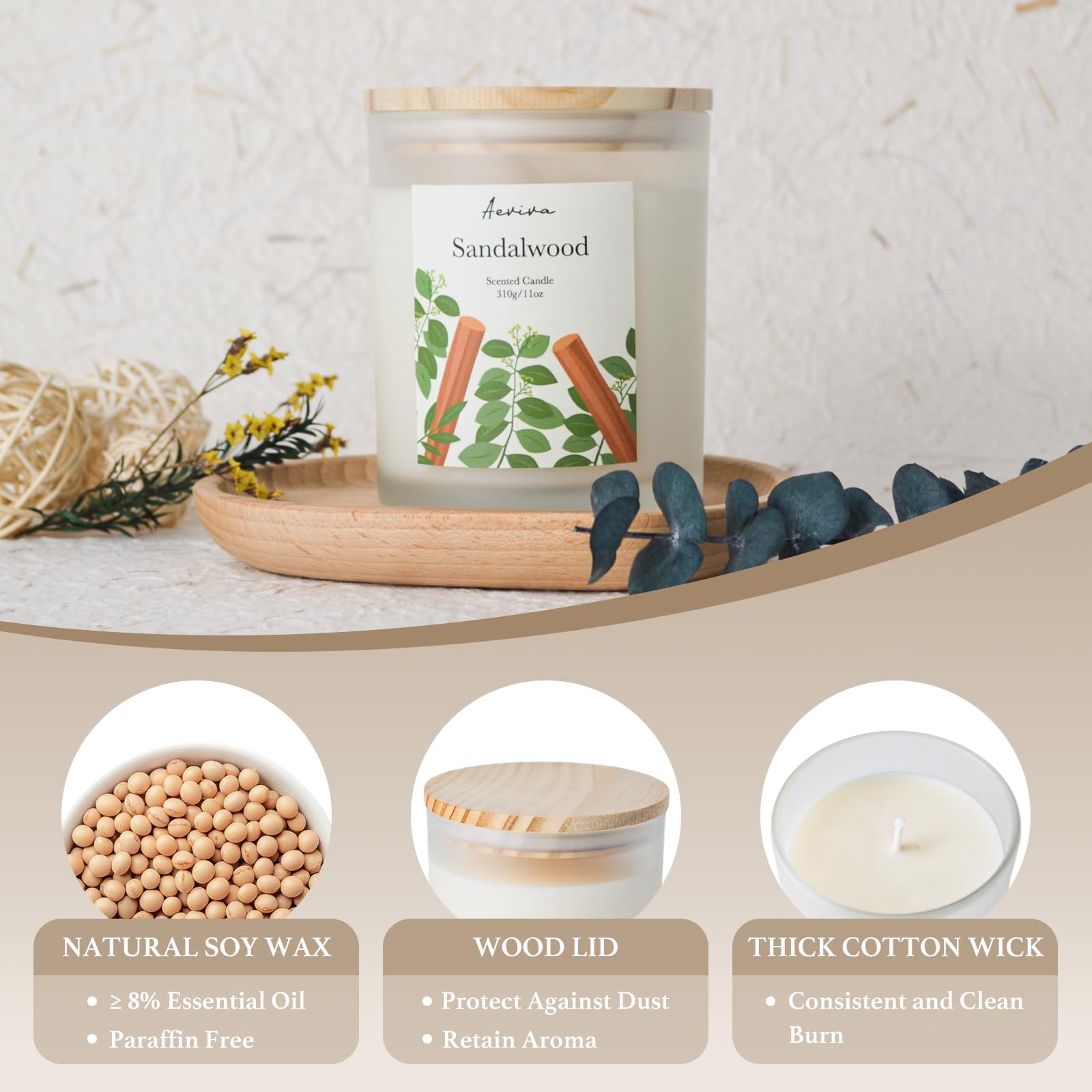 Natural soy wax candle with sandalwood aroma