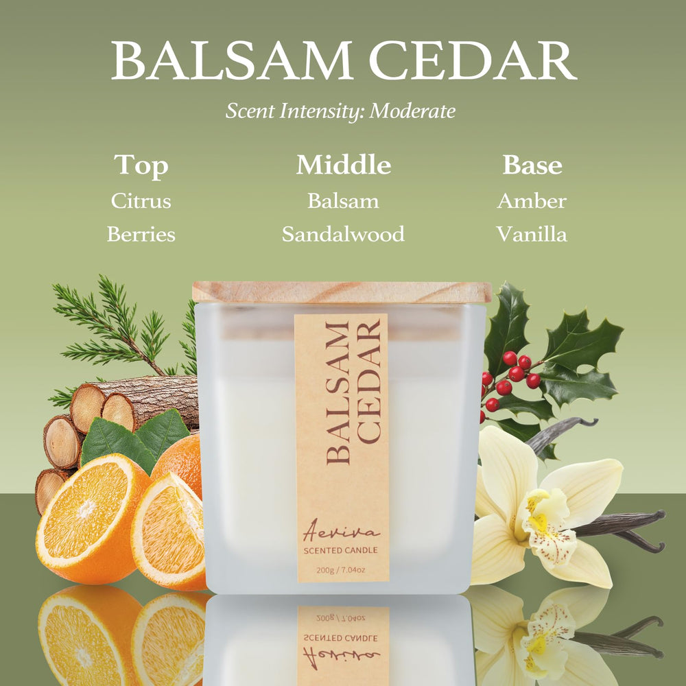 Close-up of Aeviva balsam cedar fragrance candle