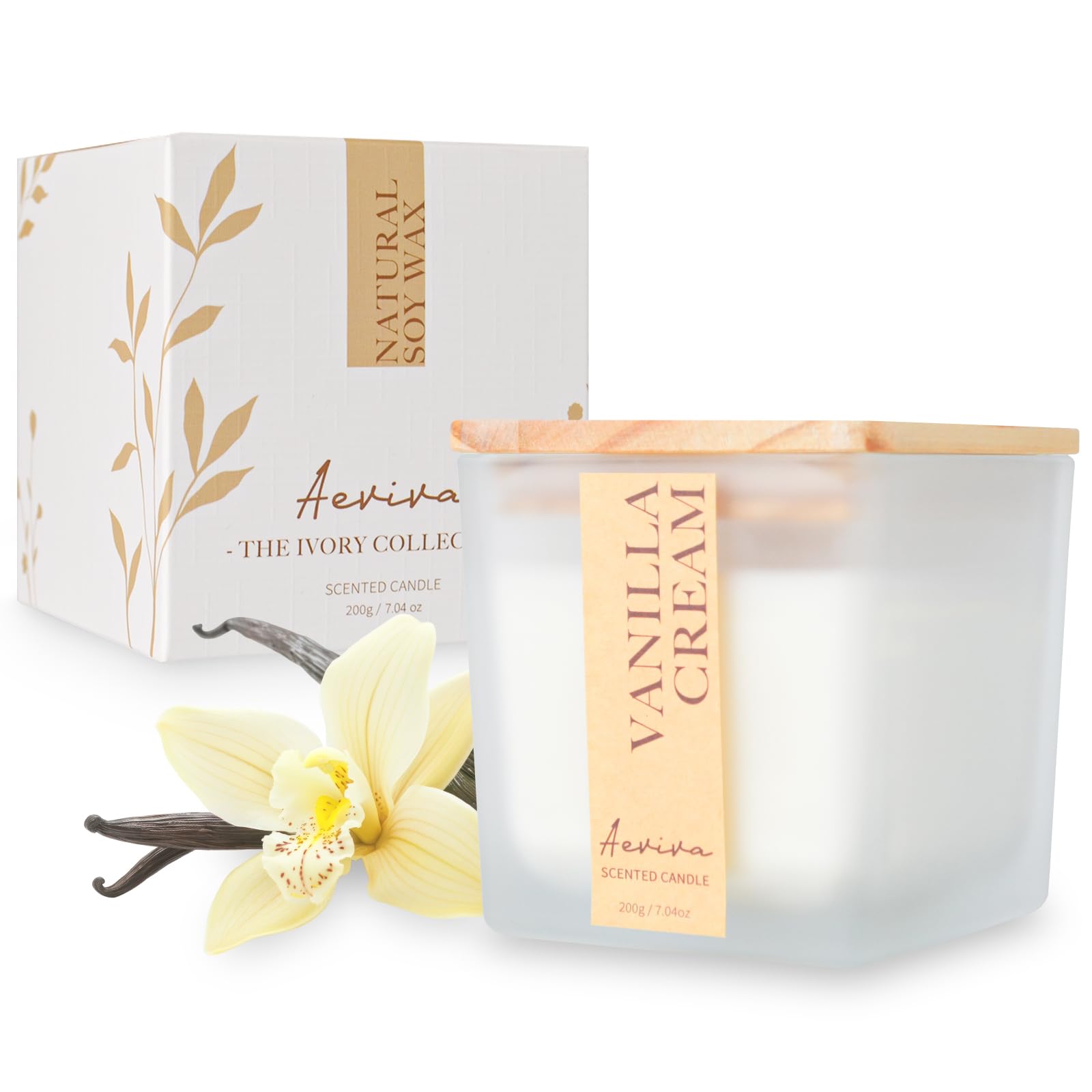 Aeviva Vanilla Cream scented candle in a cube jar with wooden wick, 7.04 oz