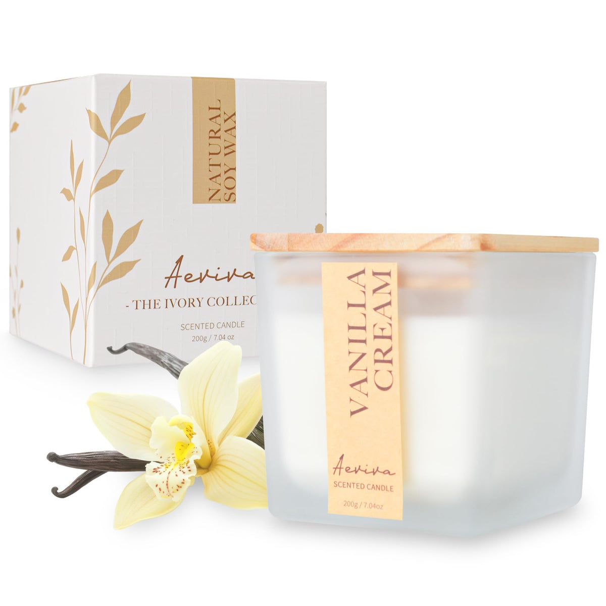 Aeviva Vanilla Cream scented candle in a cube jar with wooden wick, 7.04 oz