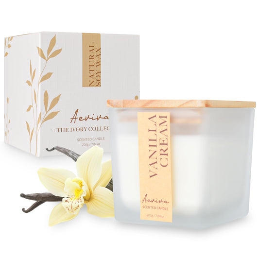 Aeviva Vanilla Cream scented candle in a cube jar with wooden wick, 7.04 oz