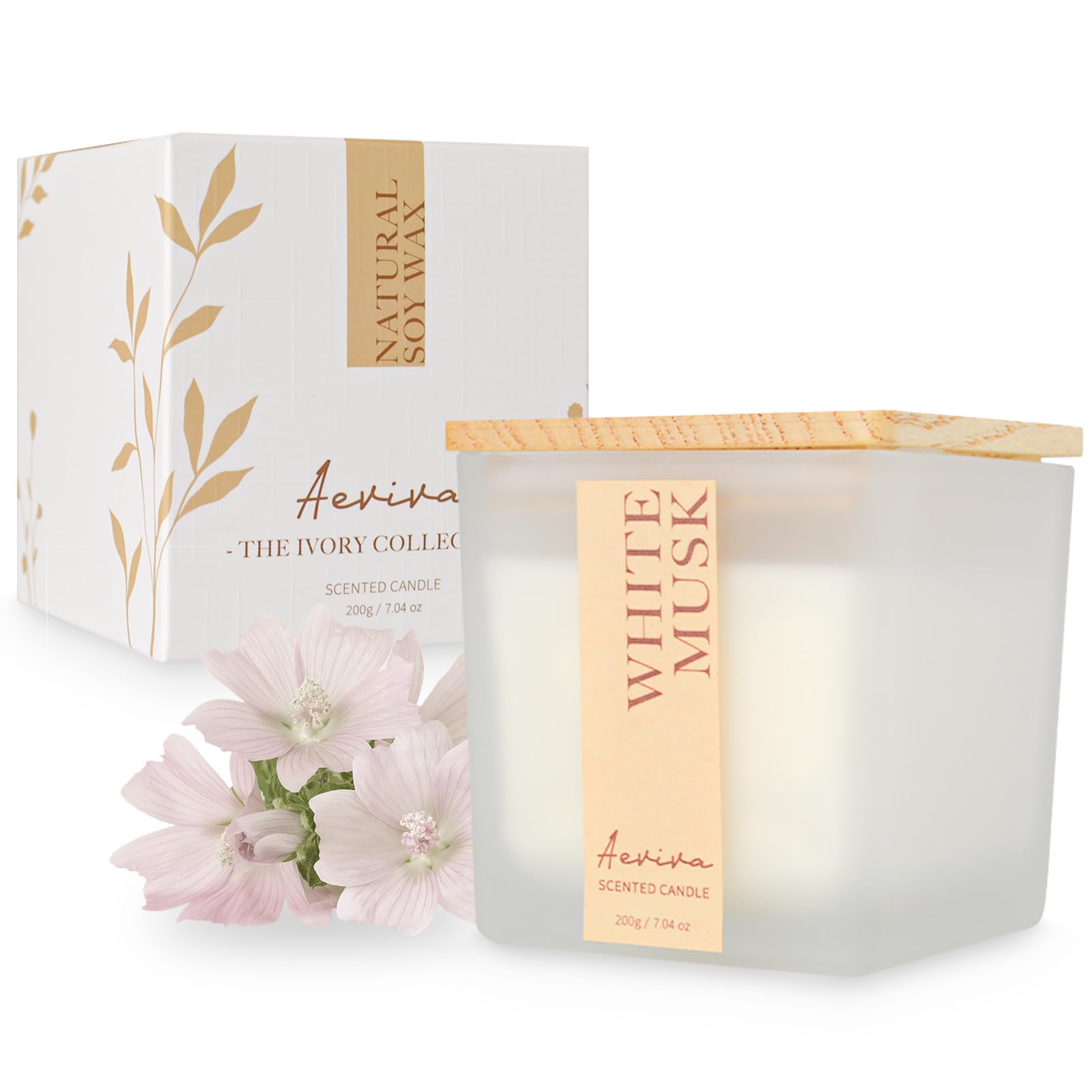 Aeviva White Musk scented candle in 7.04 oz natural soy wax