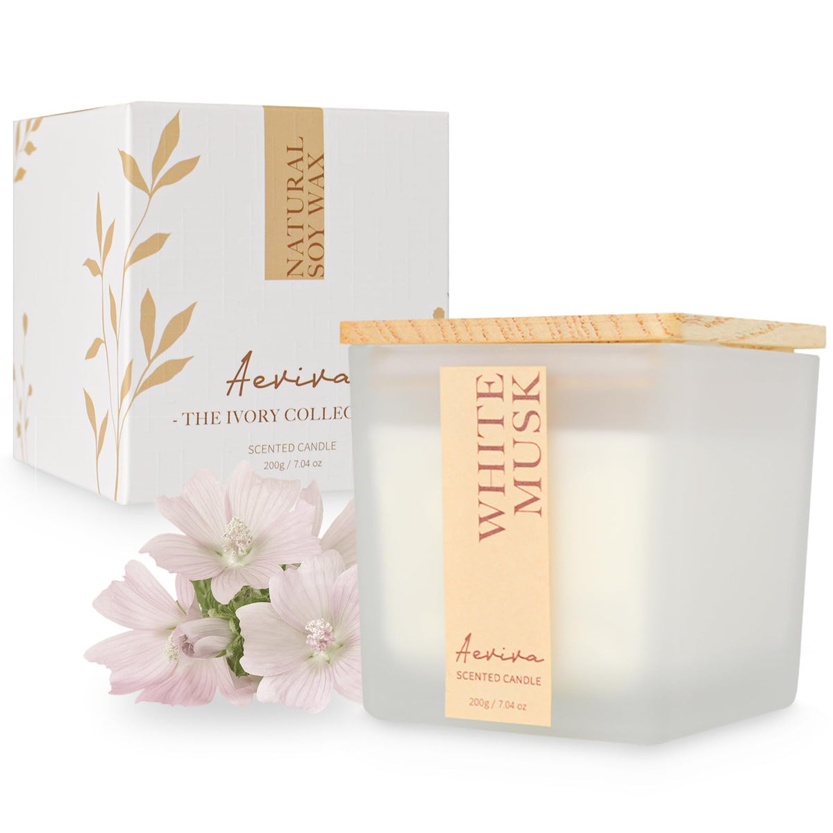 Aeviva White Musk scented candle in 7.04 oz natural soy wax