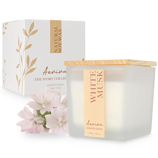 Aeviva White Musk scented candle in 7.04 oz natural soy wax