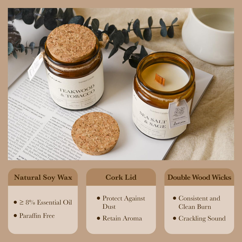 Teakwood Tobacco scented candle in amber jar from side view