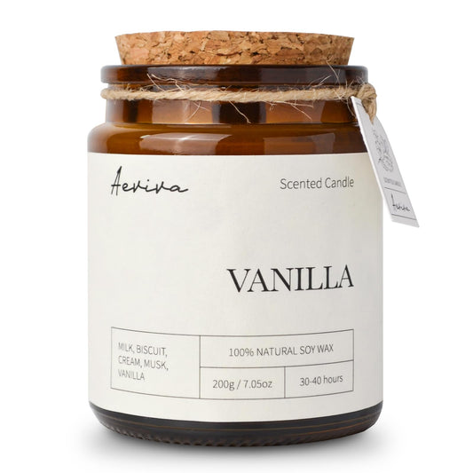 Aeviva vanilla scented candle in amber jar, 7.05 oz