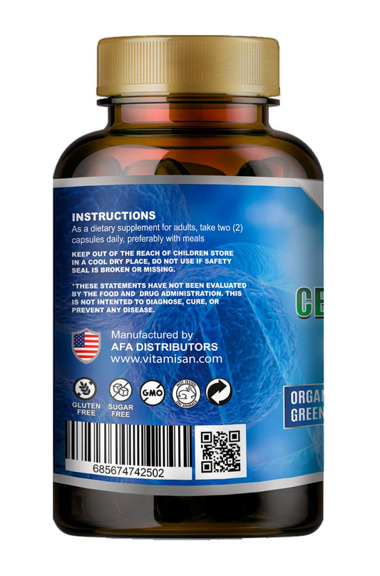 Front view of Celulas Madre AFA blue-green algae capsules bottle