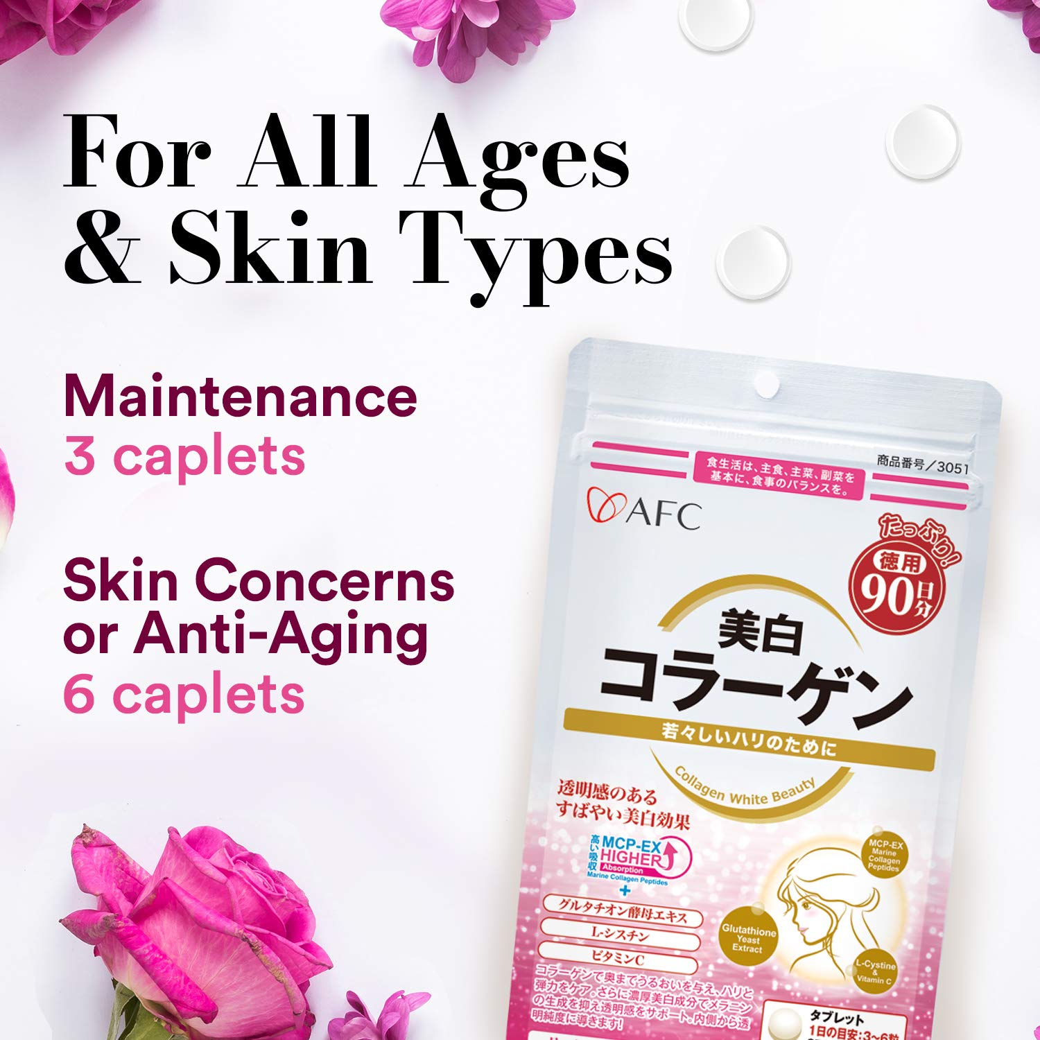 Brand logo with product name AFC Japan Collagen White Beauty