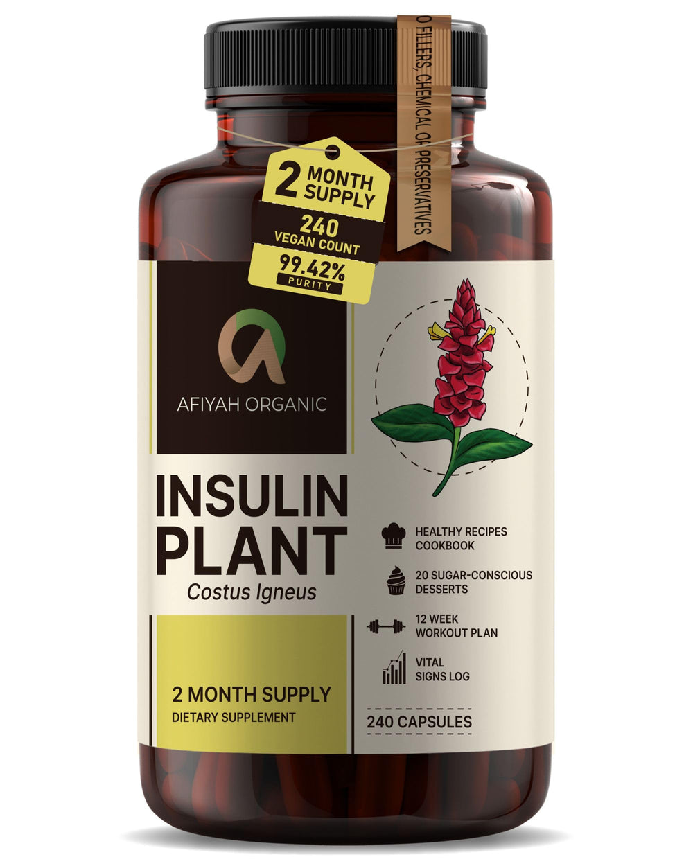 Afiyah Organic Costus Igneus capsules bottle label