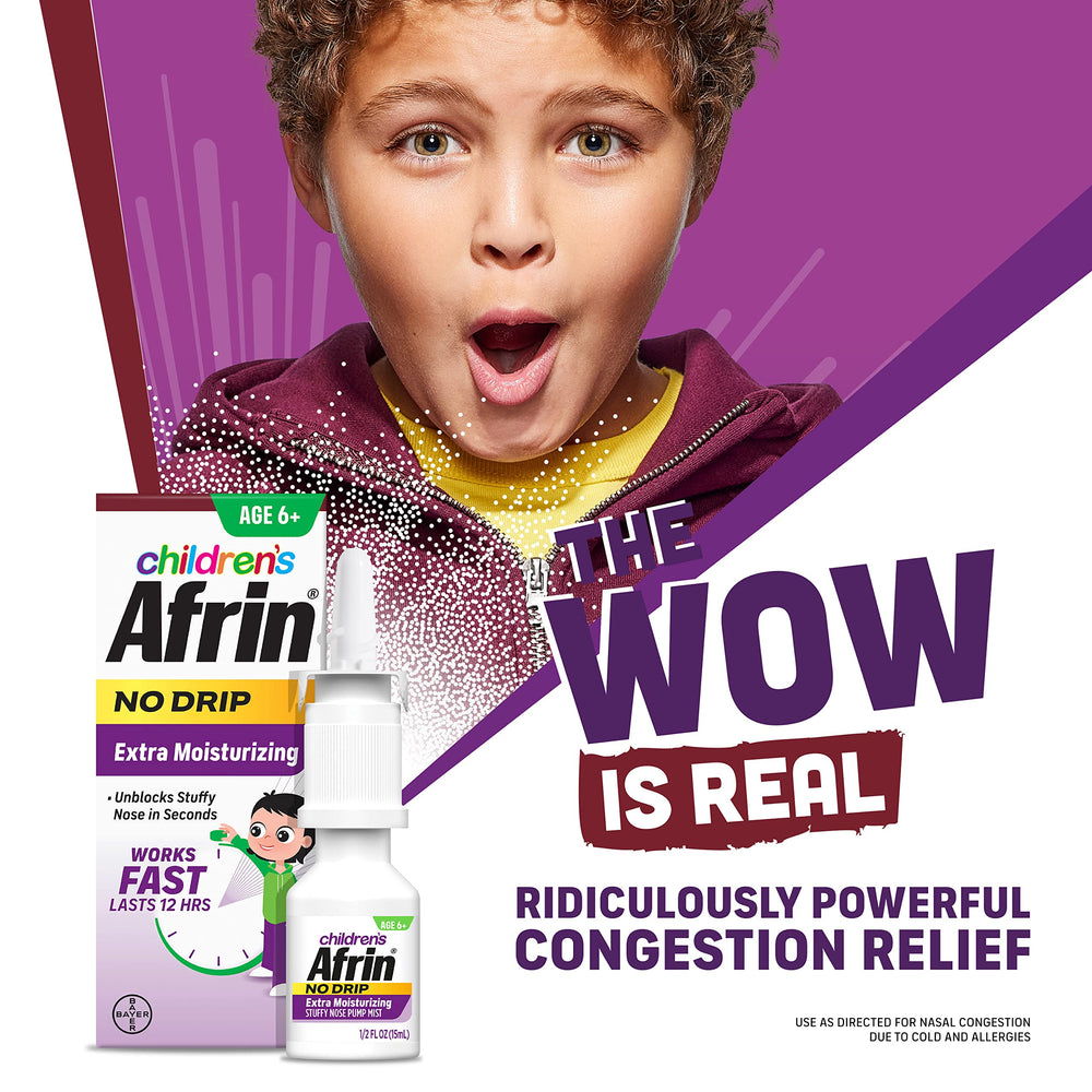 Front view of Afrin No Drip kids nasal spray box