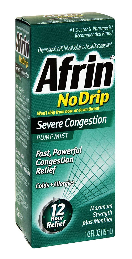 Afrin No Drip Severe Congestion Pump Mist bottle delivers quick nasal relief.