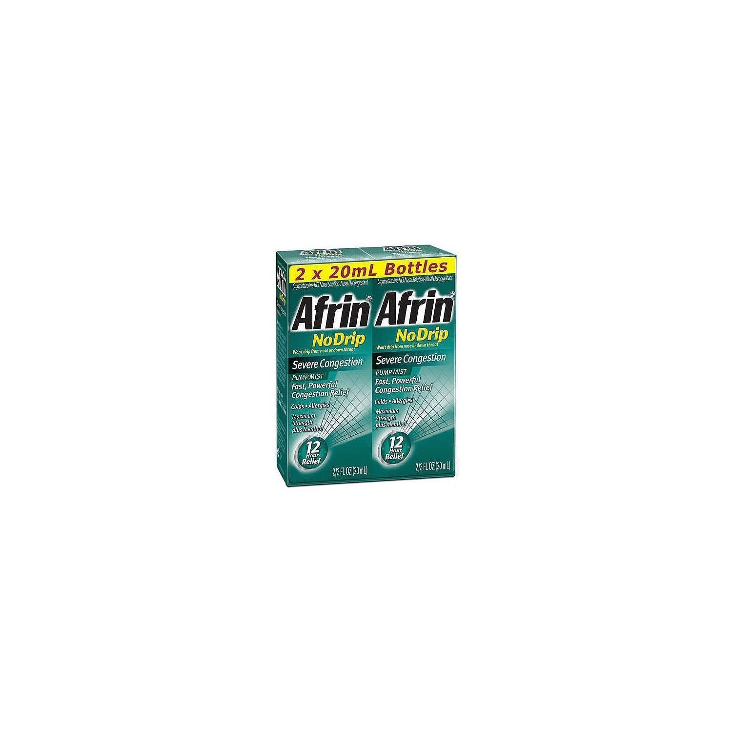 Afrin No Drip pump mist nasal spray image demonstrates targeted congestion relief.
