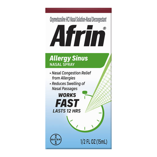 Afrin allergy nasal spray bottle delivering fast relief from nasal congestion.