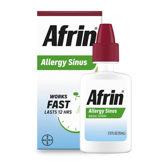 Afrin menthol cooling effect bottle showing refreshing, quick relief.