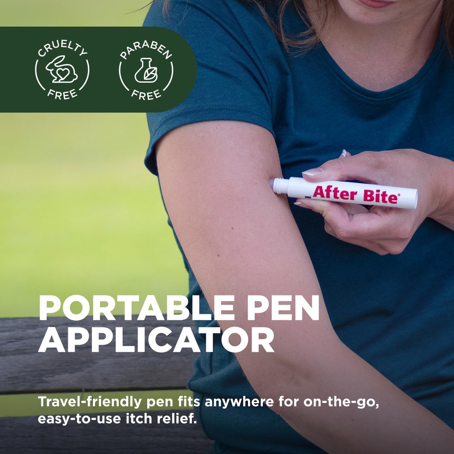 After Bite Advanced Formula pen application closeup, demonstrating fast relief on mosquito bites.