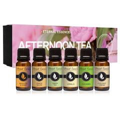 Afternoon Tea Set fragrance oils with Green Tea and Black Fig & Honey in amber 10ml bottles