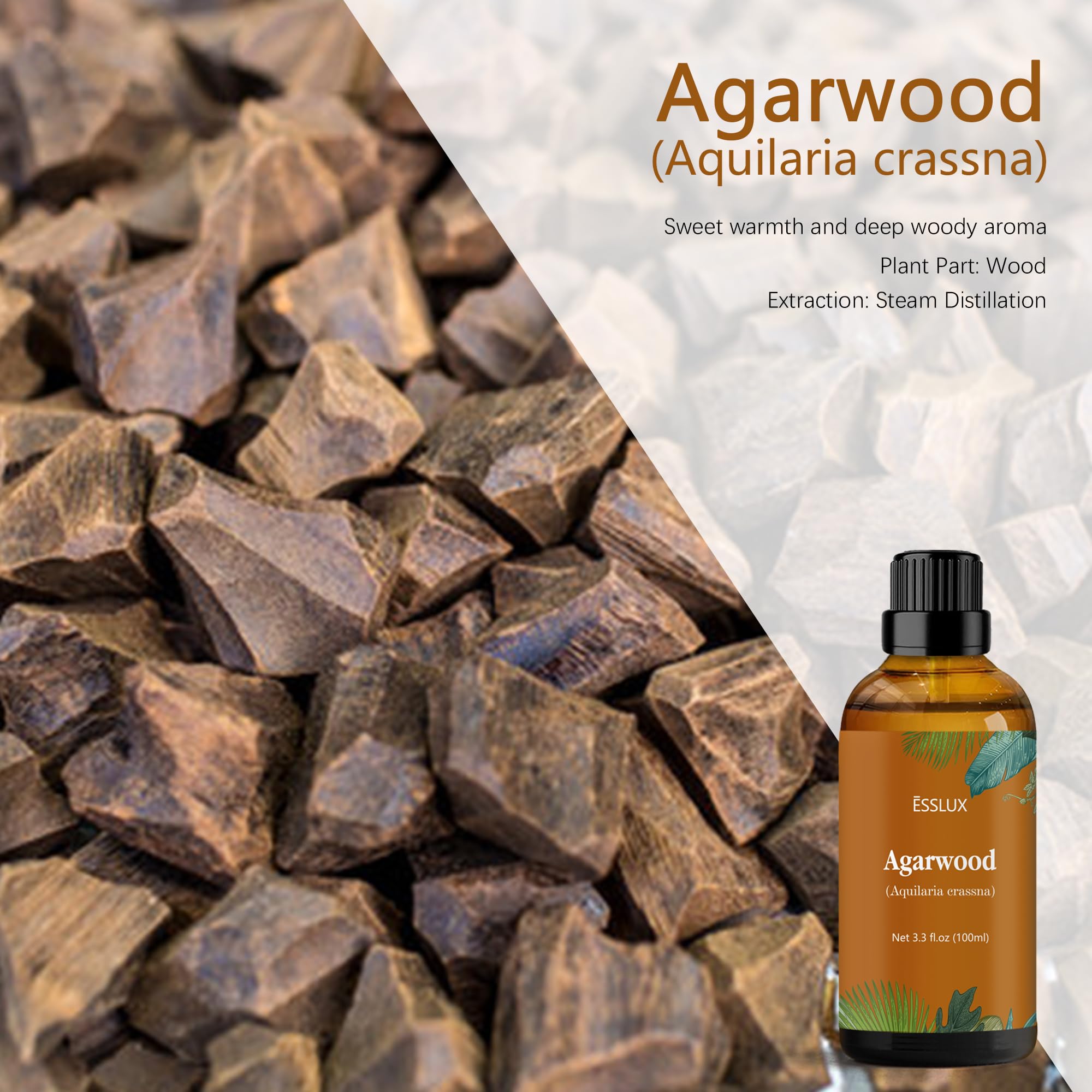Close-up of amber glass bottle of agarwood essential oil with dropper