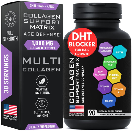 Bottle of Age Defense Beauty Collagen Matrix with 90 gluten-free capsules