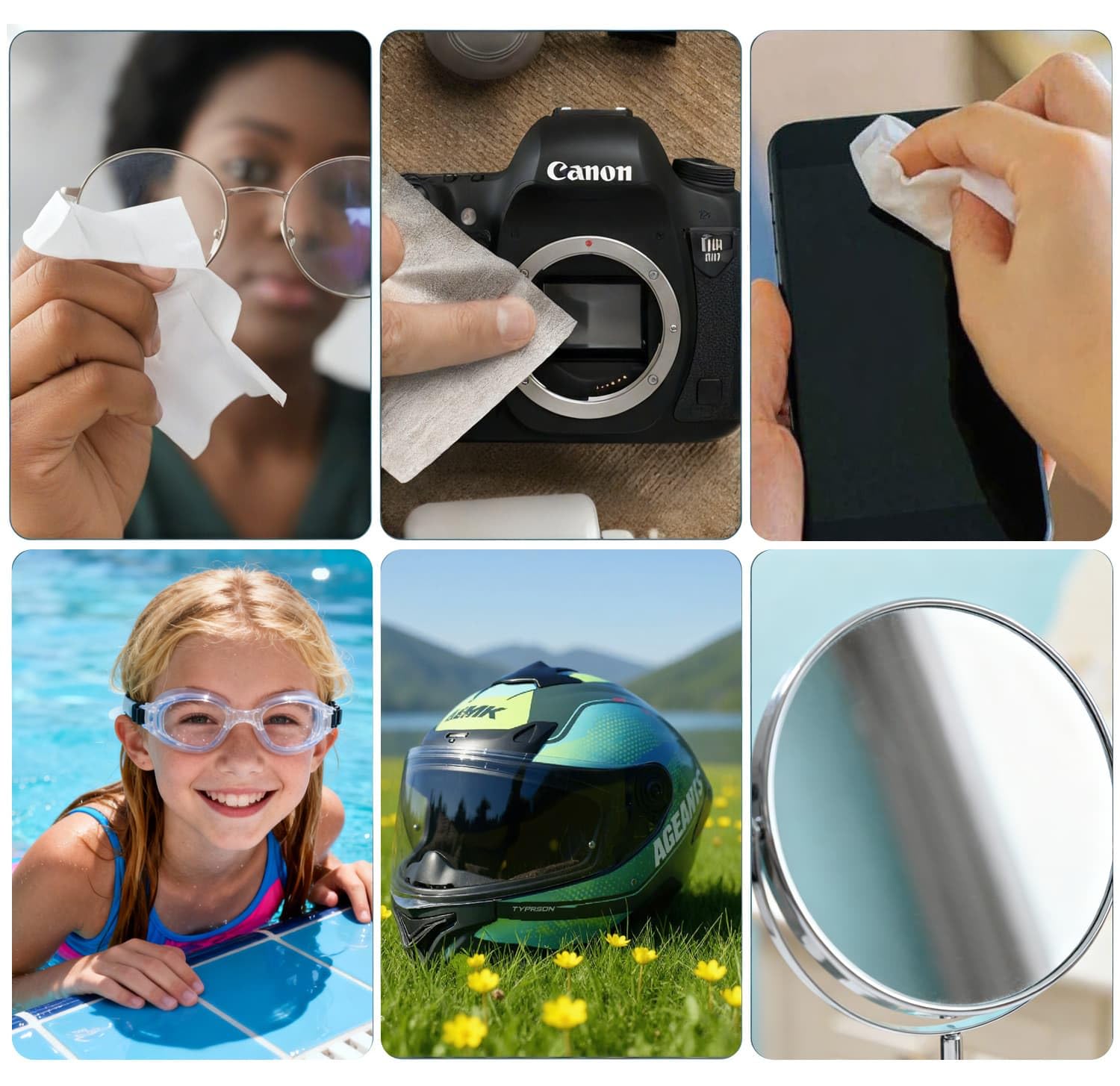 Eye glasses being cleaned with anti-fog wipe