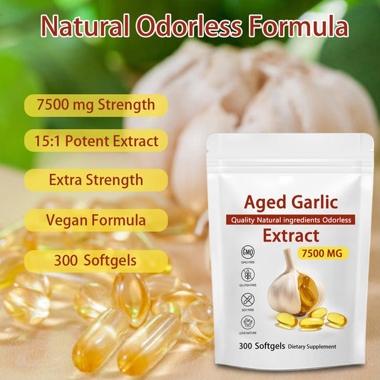 Close-up of odorless aged garlic softgels
