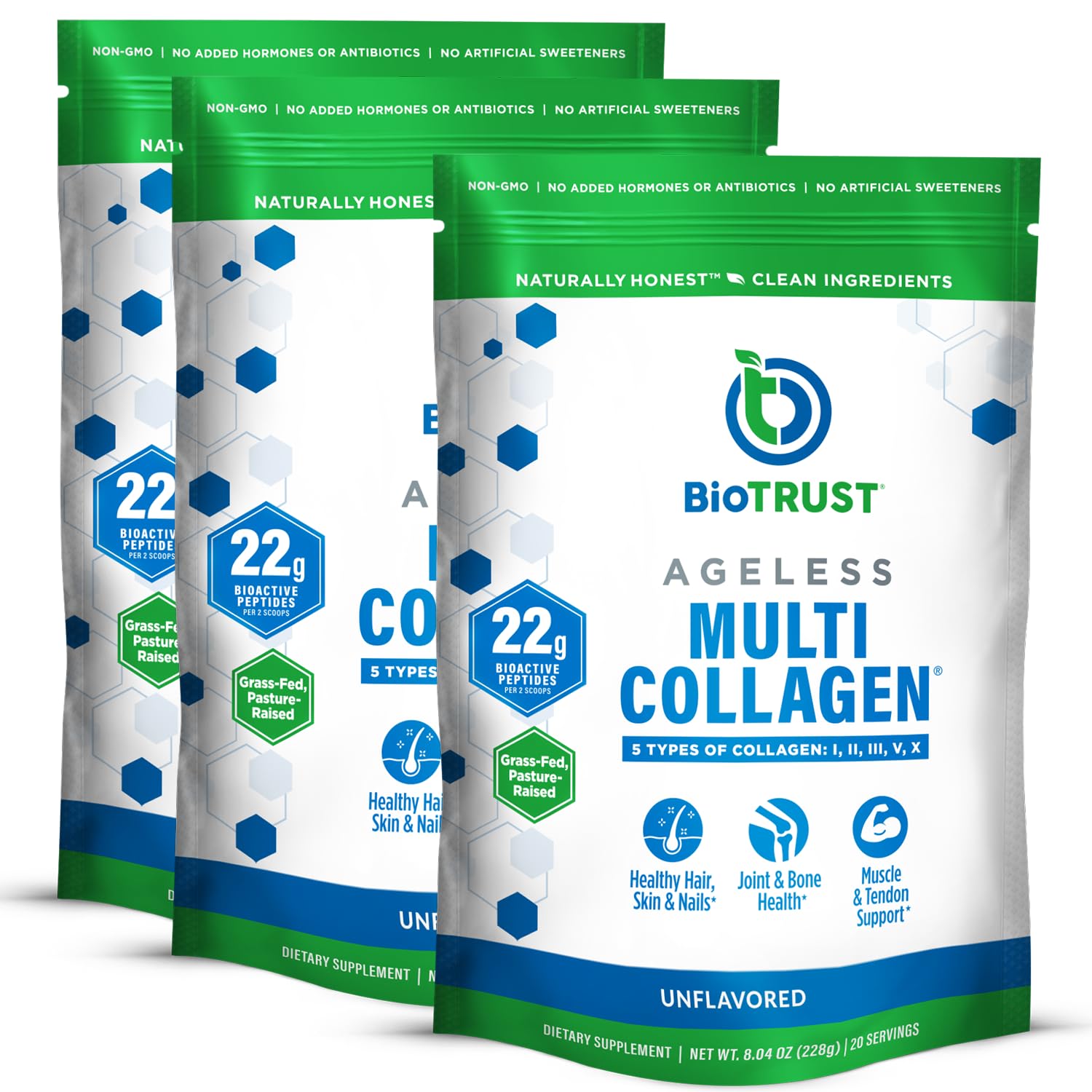 Main product packaging of BioTrust Ageless Multi Collagen Peptides Powder