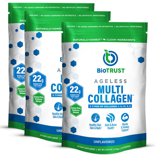 Main product packaging of BioTrust Ageless Multi Collagen Peptides Powder