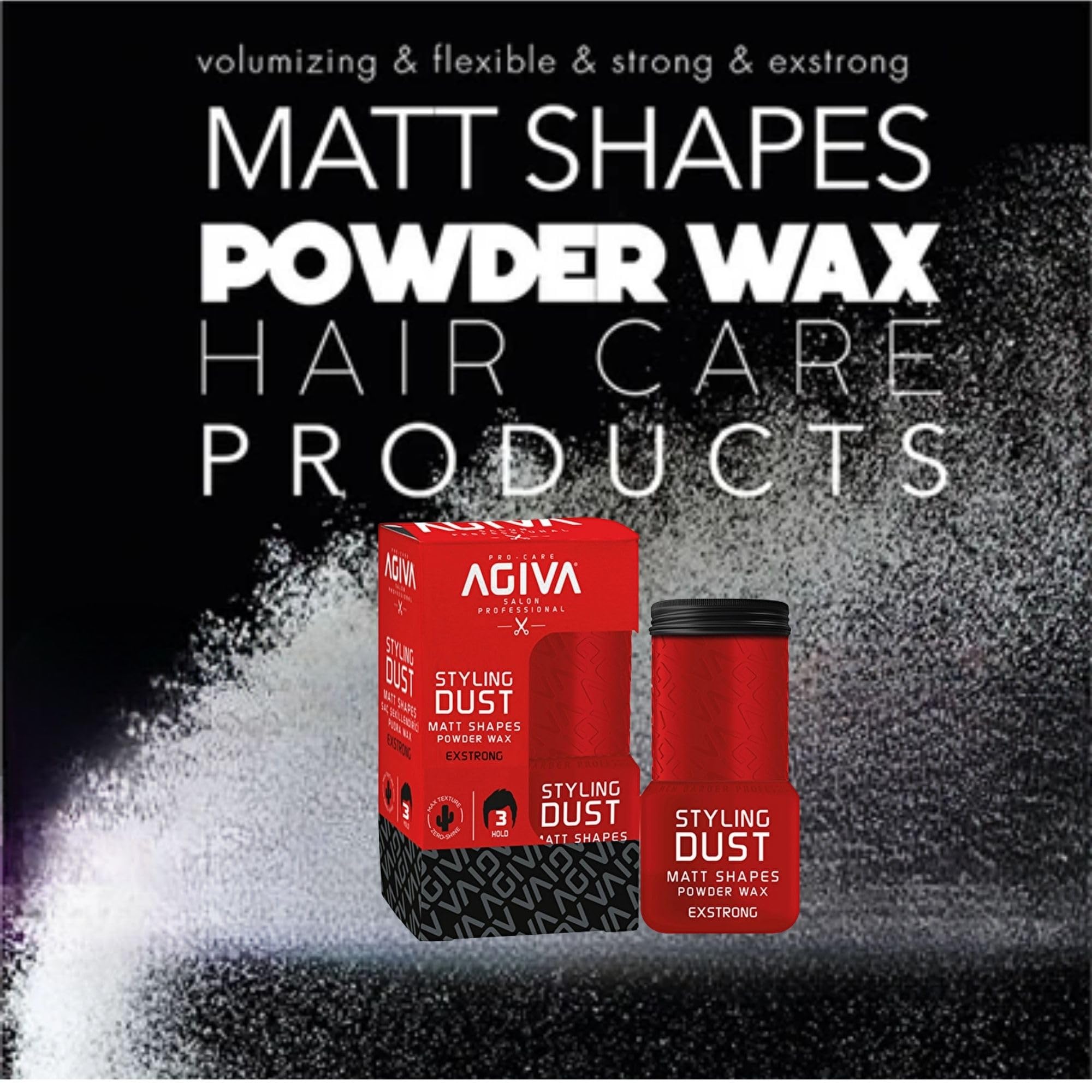 Agiva Hair Styling Dust strong hold with flexible texture.