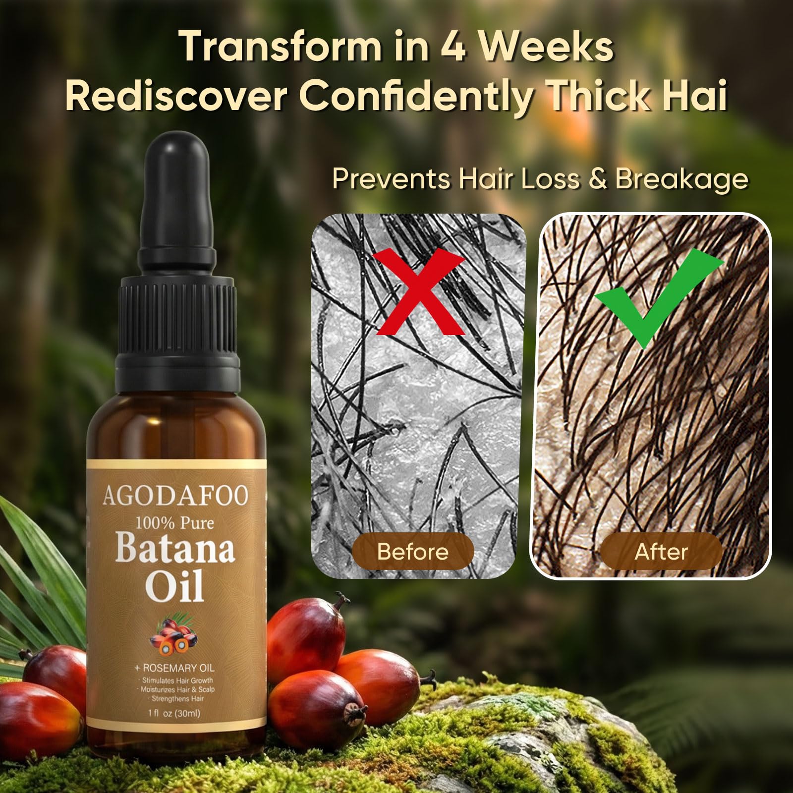 Two Agodafoo Batana Oil bottles ready for nourishing routine at home.