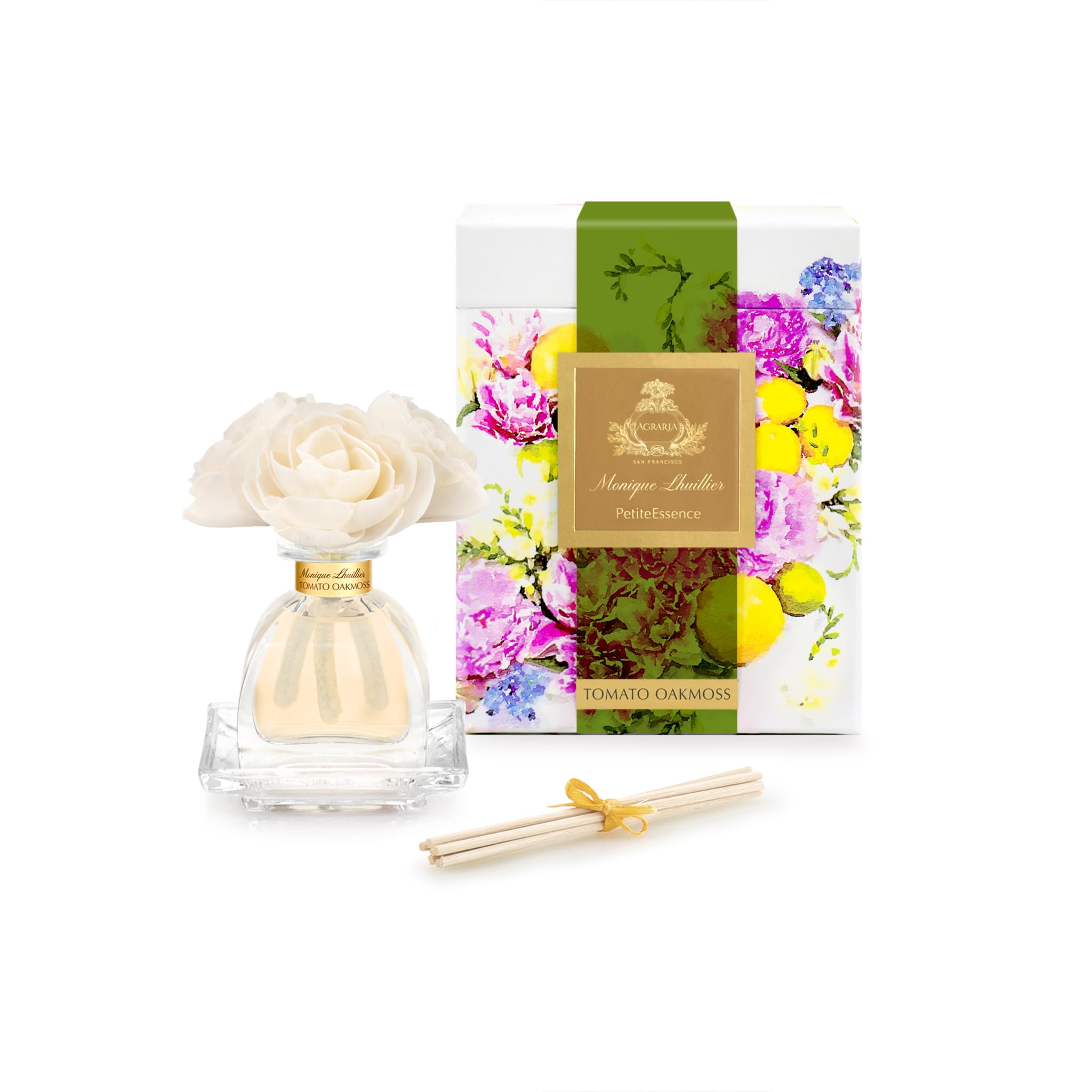 Front view of Agraria Monique Lhuillier Tomato Oakmoss PetiteEssence Reed Diffuser 1.7 oz