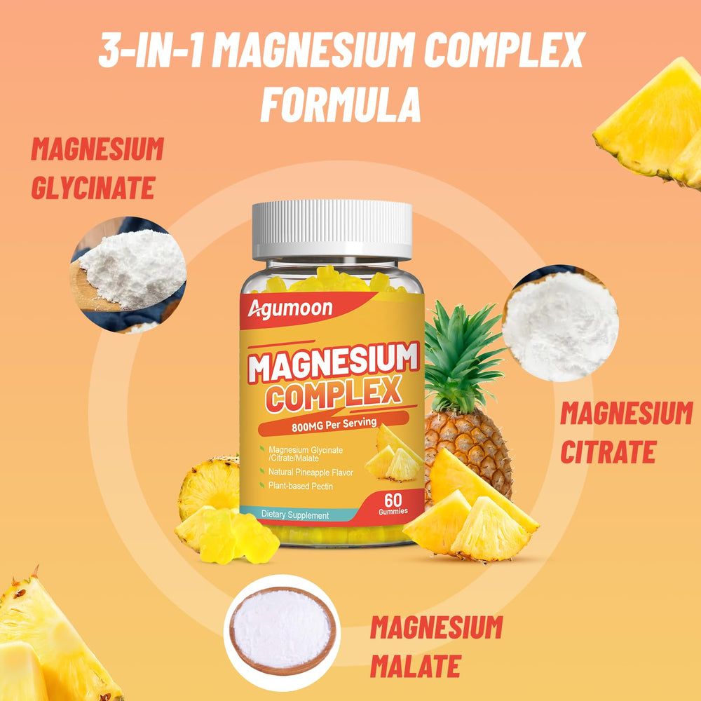 Ingredients panel showing magnesium glycinate, citrate, malate, zinc, vitamins
