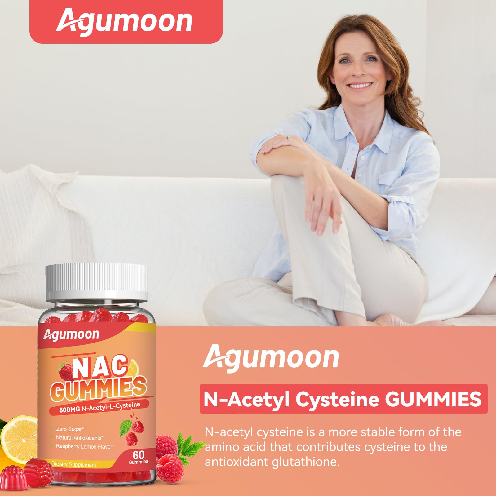 Close-up of Agumoon NAC Gummies bottle with label