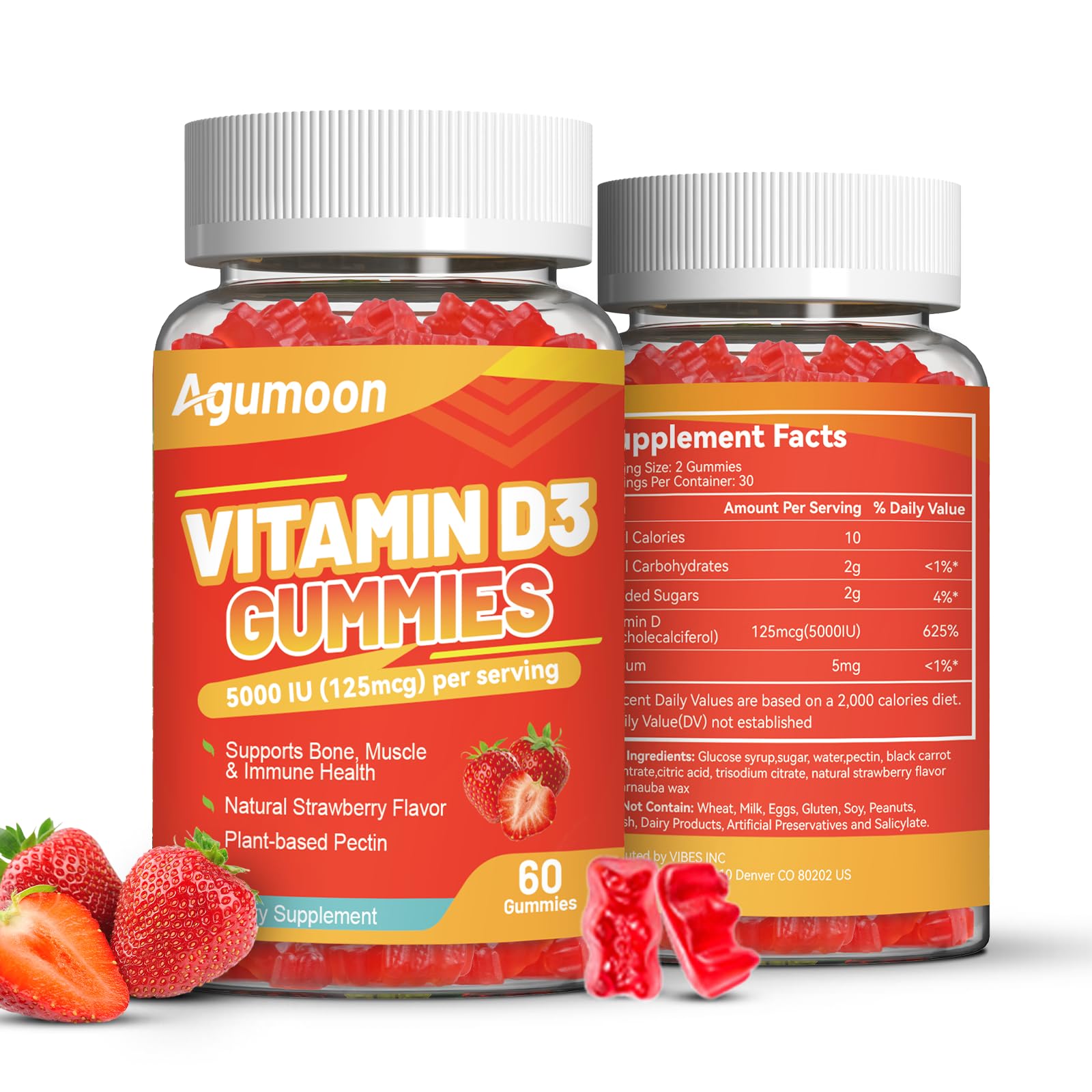 Bottle of Agumoon Vitamin D3 5000 IU Gummies – Strawberry flavor