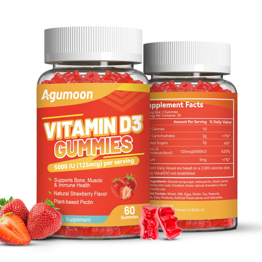 Bottle of Agumoon Vitamin D3 5000 IU Gummies – Strawberry flavor