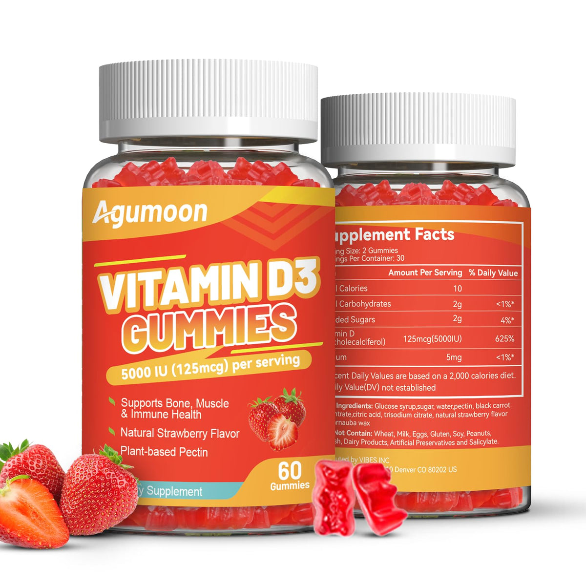 Bottle of Agumoon Vitamin D3 5000 IU Gummies – Strawberry flavor