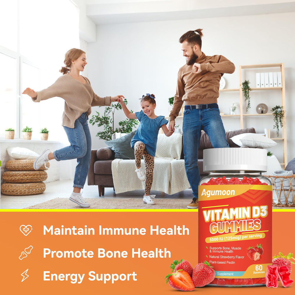 Bottle highlighting bone and muscle health benefits of Vitamin D3 gummies