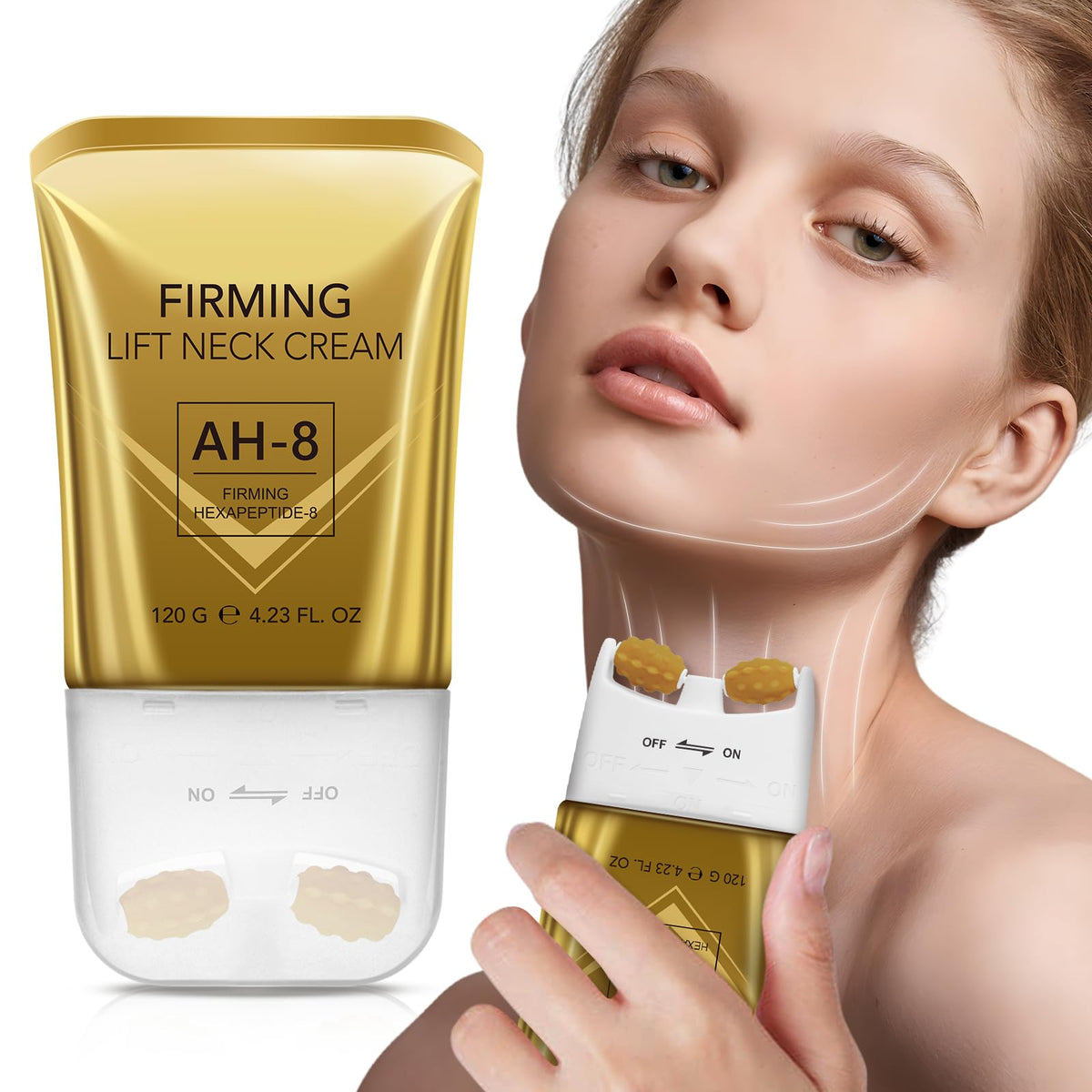 AH8 neck firming cream bottle demonstrates targeted care for firmer neck skin.