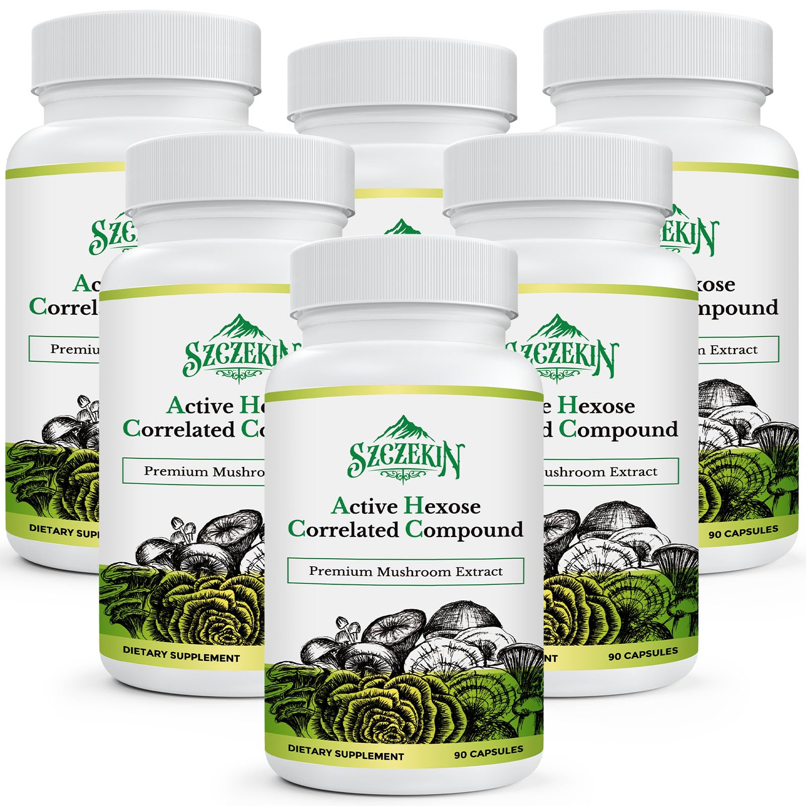 AHCC 1500 mg bottle with 8-mushroom blend label