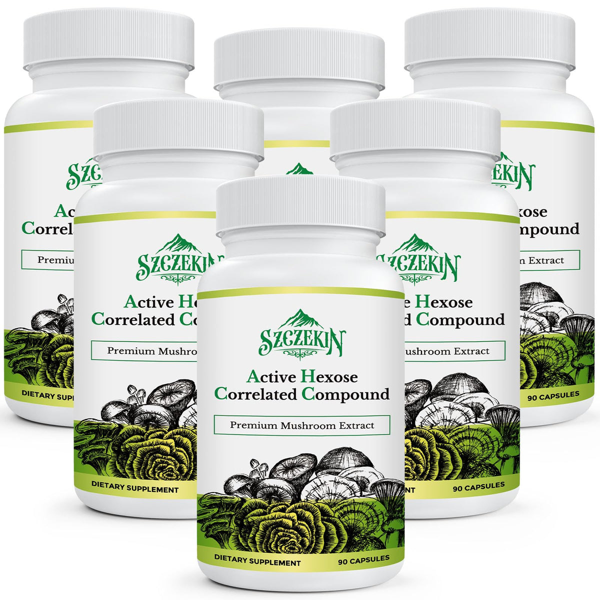 AHCC 1500 mg bottle with 8-mushroom blend label