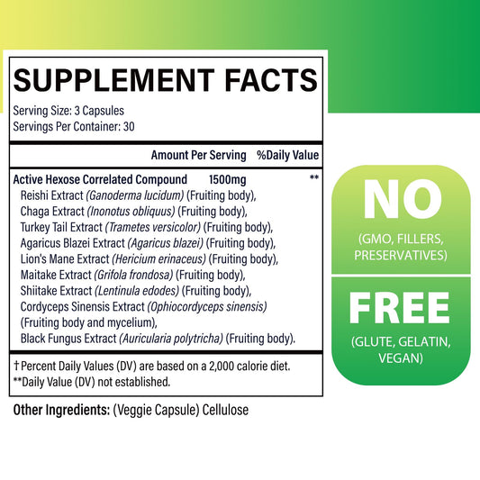 AHCC 1500 mg 8-mushroom blend ingredients