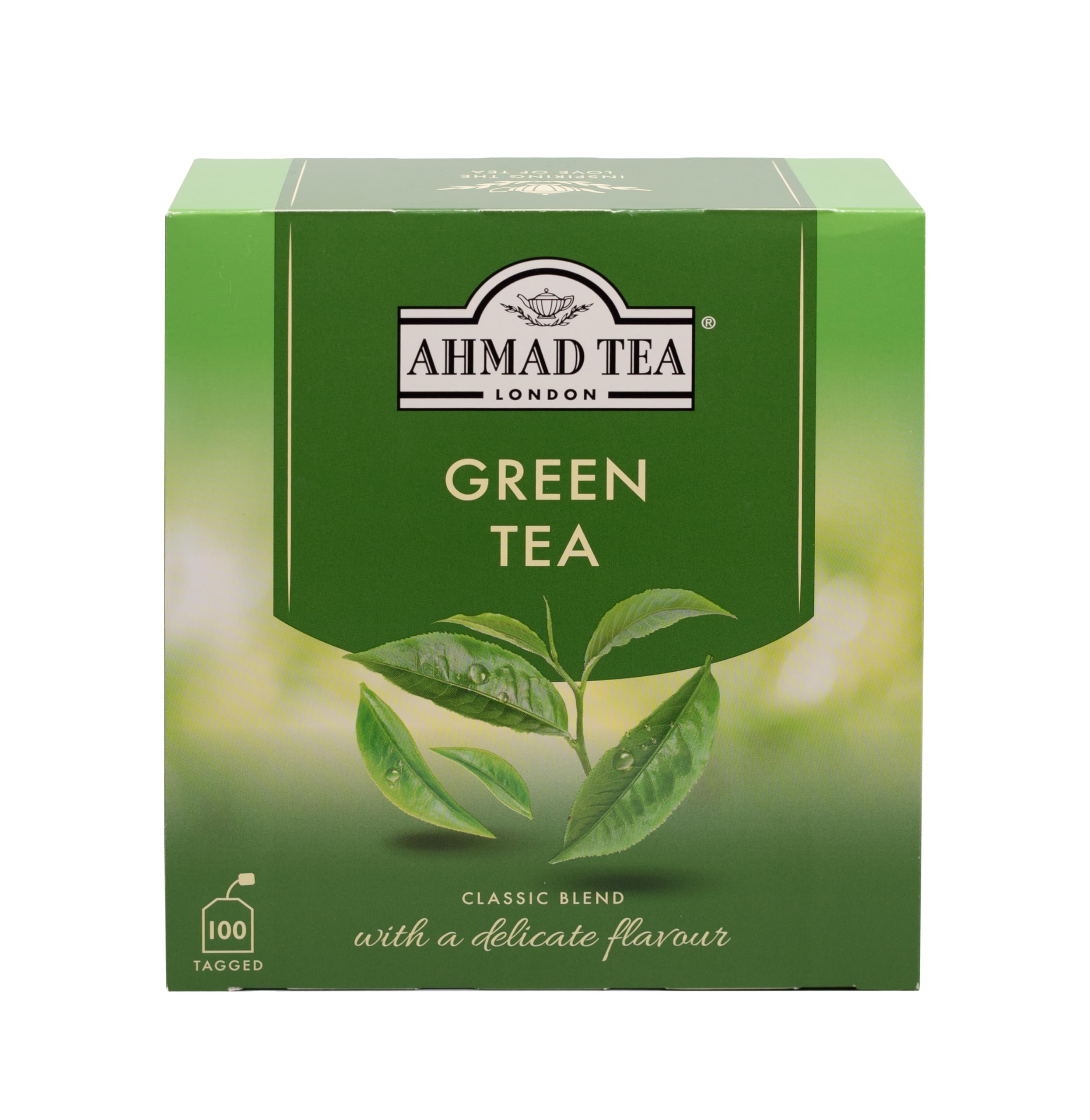 Front view of Ahmad Tea Green Tea 100-count teabags