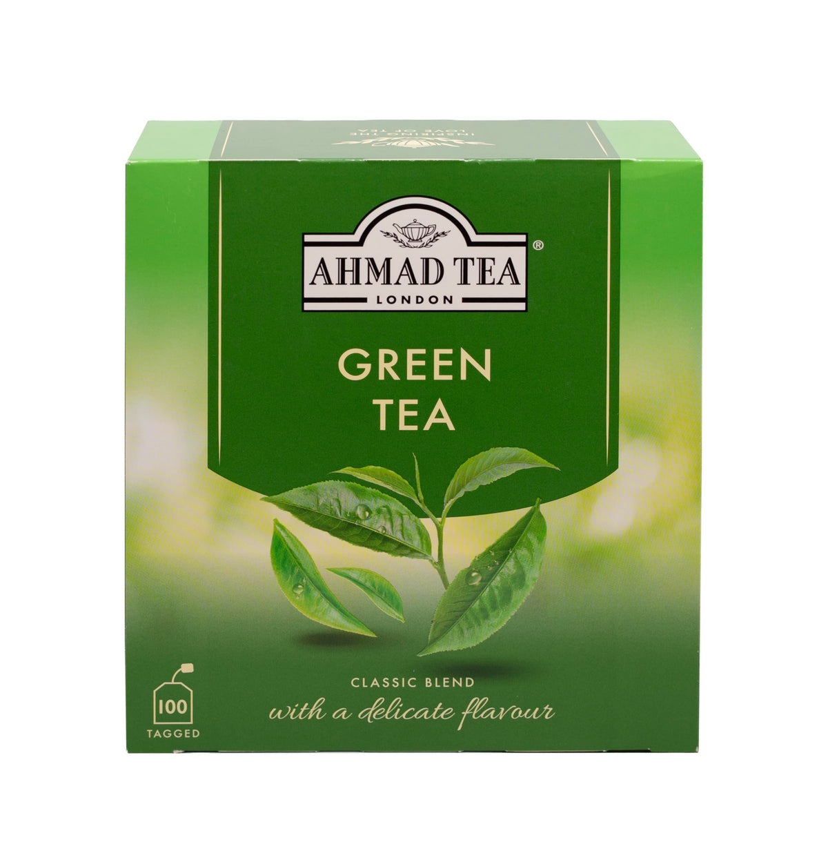 Front view of Ahmad Tea Green Tea 100-count teabags