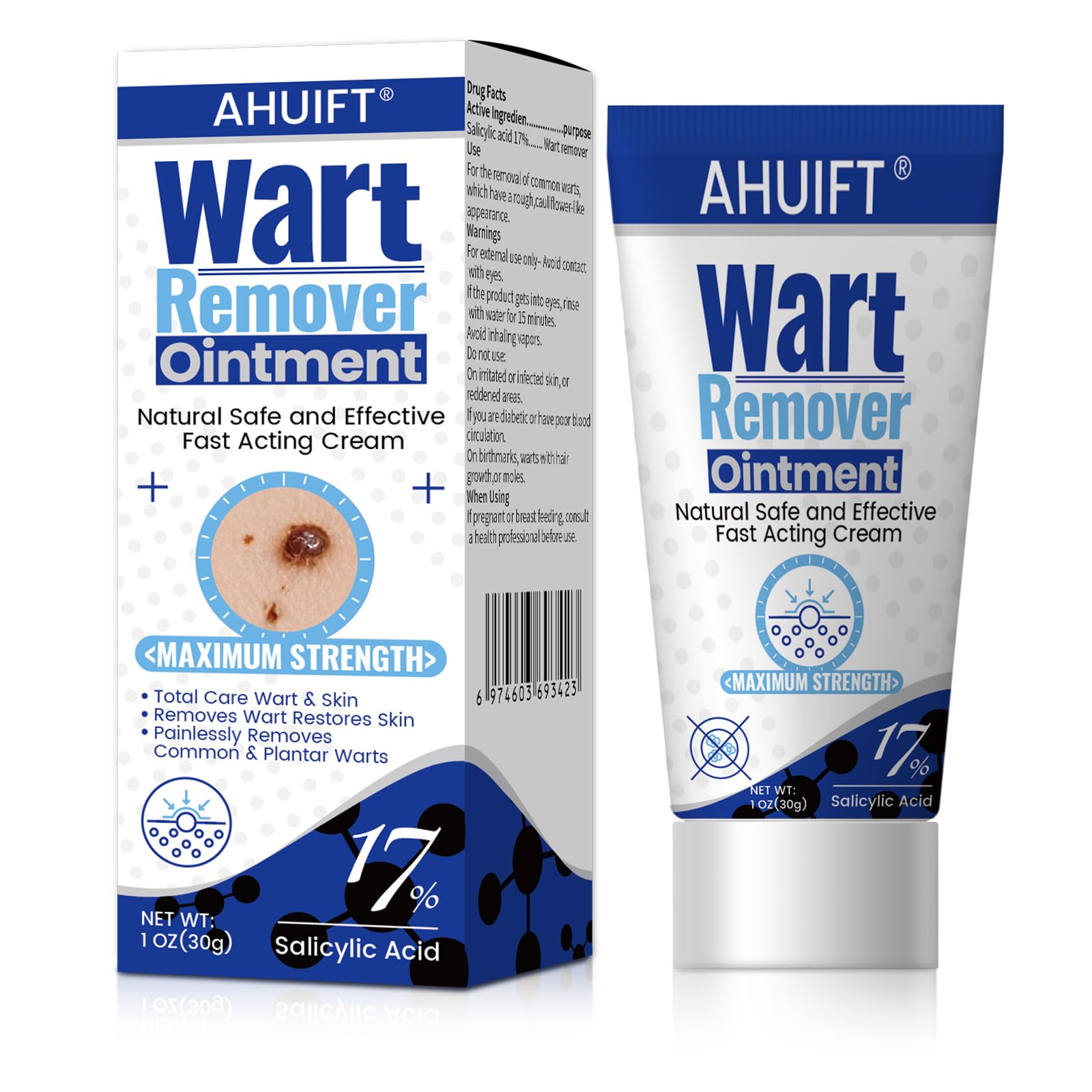 AHUIFT fast action wart remover ointment bottle shows maximum-strength wart care at home