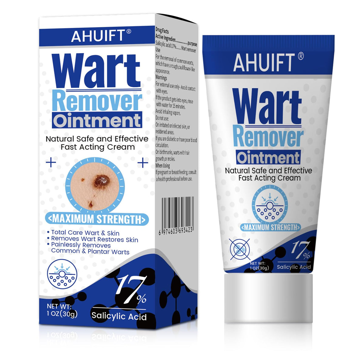 AHUIFT fast action wart remover ointment bottle shows maximum-strength wart care at home