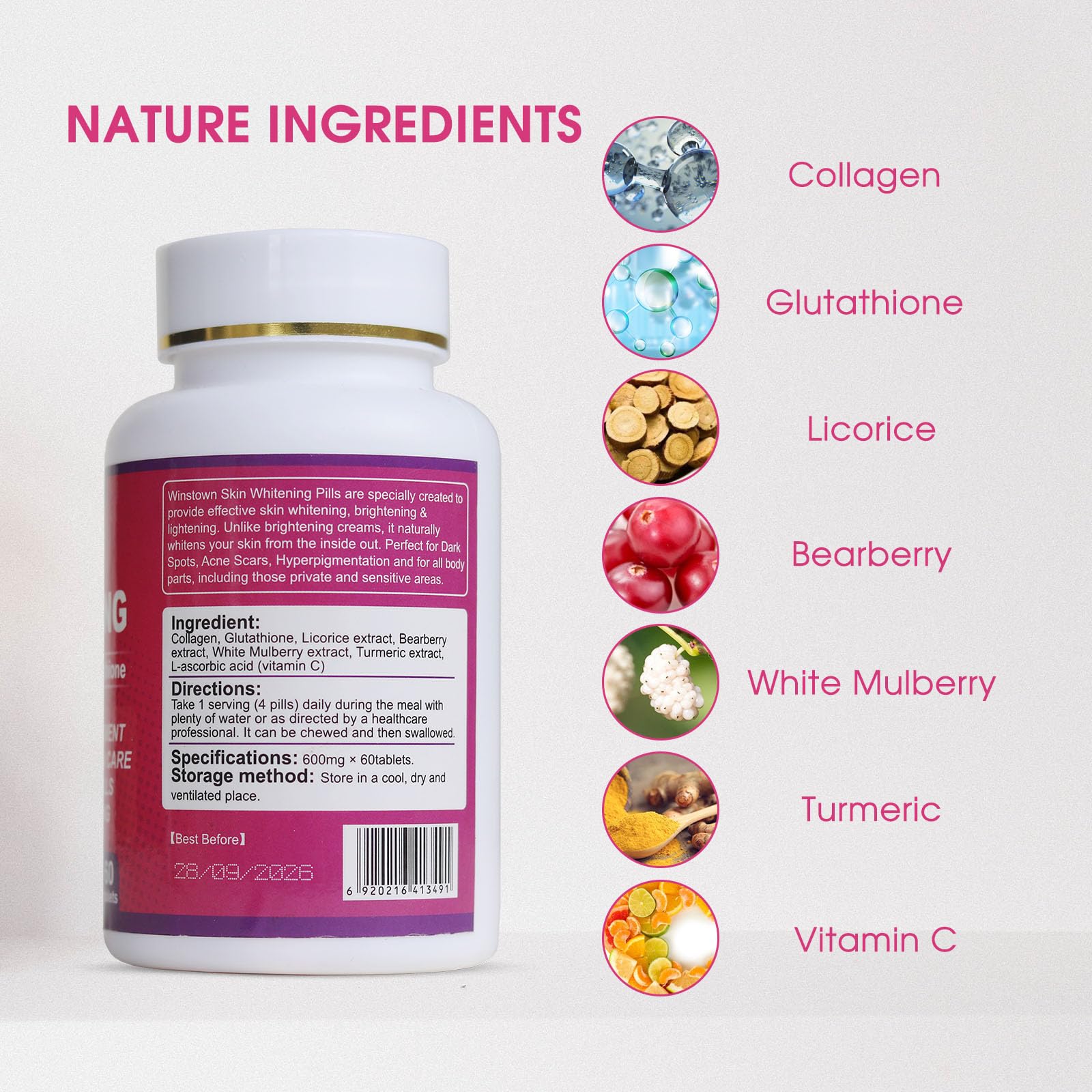 Natural ingredients: glutathione, collagen, licorice, vitamin C