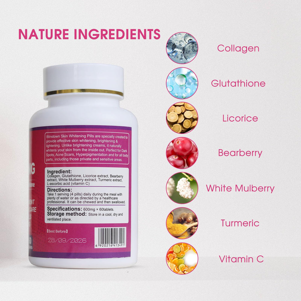 Natural ingredients: glutathione, collagen, licorice, vitamin C