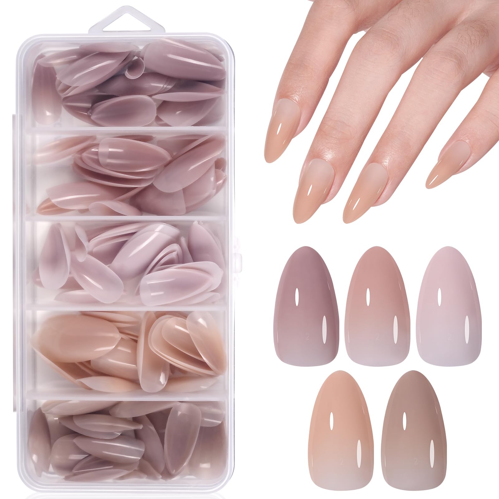 AILLSA almond press-on nails in a box for quick at-home manicures