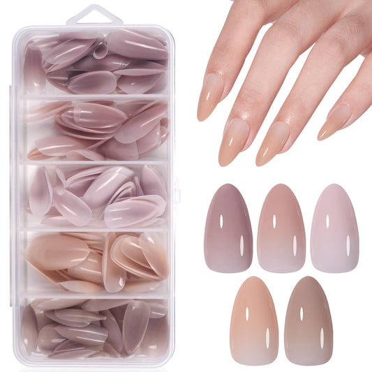 AILLSA almond press-on nails in a box for quick at-home manicures