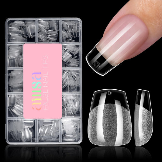 AILLSA extra short coffin nail tips with storage box for organized home sessions
