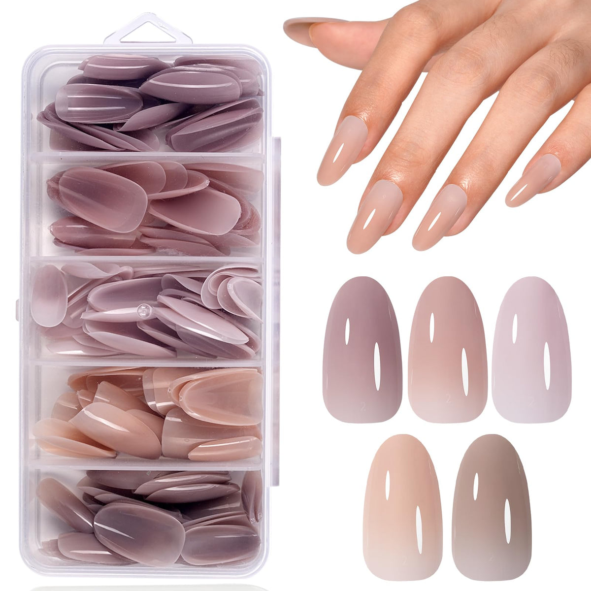 AILLSA gel nail tips in five natural colors for versatile at-home manicures.